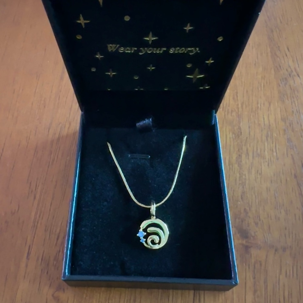 Gold Necklace with Case, Ocean Wave Inspired Charm with Blue Gems, Tala By Kyla